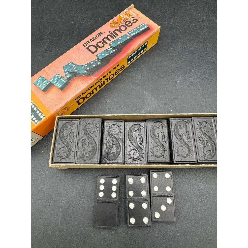 Vintage Dominoes Dragon Double Six Wooden by Milton Bradley 1970 4130 28 pcs